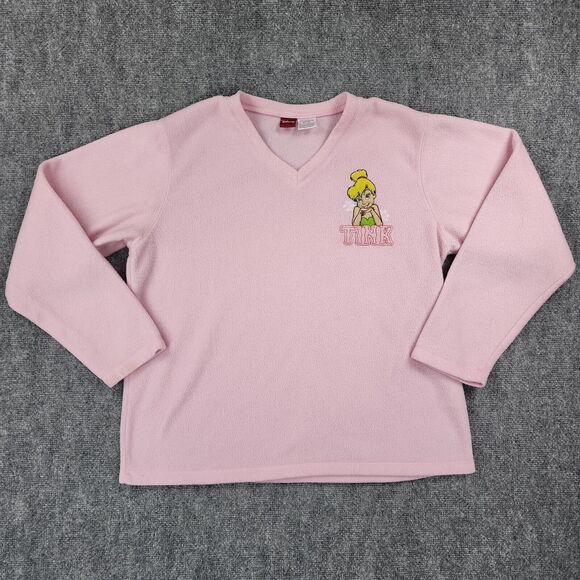 Disney Tinker Bell Sweatshirt Womens XL Pink Long Sleeve V Neck Cozy Fleece - Picture 1 of 14